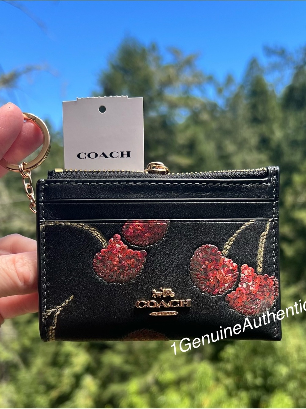 COACH Mini Skinny Id Case Leather Cardholder Wallet w Cherry Print NWT AUTHENTIC
